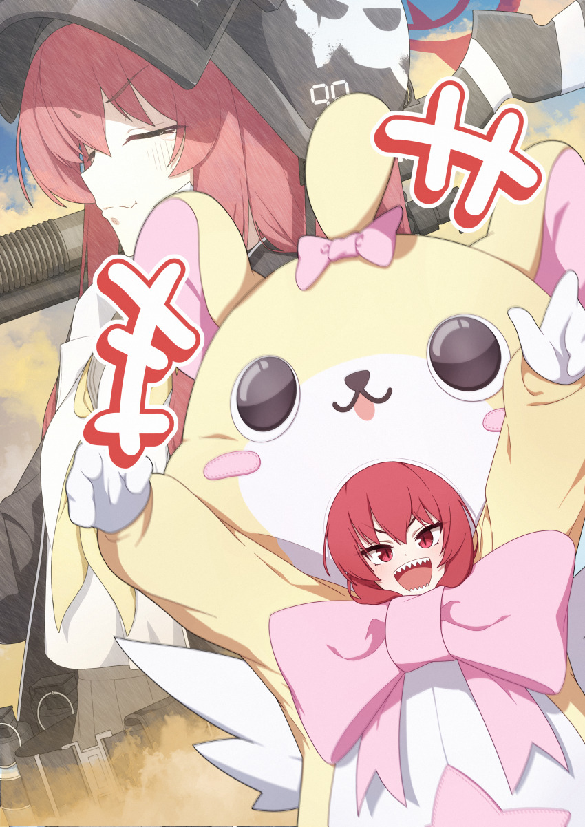 +++, 1girl, :d, absurdres, animal_costume, arms_up, blue_archive, blush, bow, bowtie, closed_eyes, closed_mouth, commentary, cosplay, cowboy_shot, dog_costume, fuhao10708, gloves, grey_skirt, hair_between_eyes, halo, helmet, highres, huge_bow, kigurumi, long_hair, looking_at_viewer, mascot_costume, multiple_views, neckerchief, open_mouth, pink_bow, pink_bowtie, rabu_(blue_archive), rabu_(mascot)_(blue_archive), red_eyes, red_hair, red_halo, school_uniform, serafuku, sharp_teeth, skirt, slit_pupils, smile, split_mouth, tears, teeth, untranslatable_commentary, upper_body, v-shaped_eyebrows, white_gloves, yellow_neckerchief