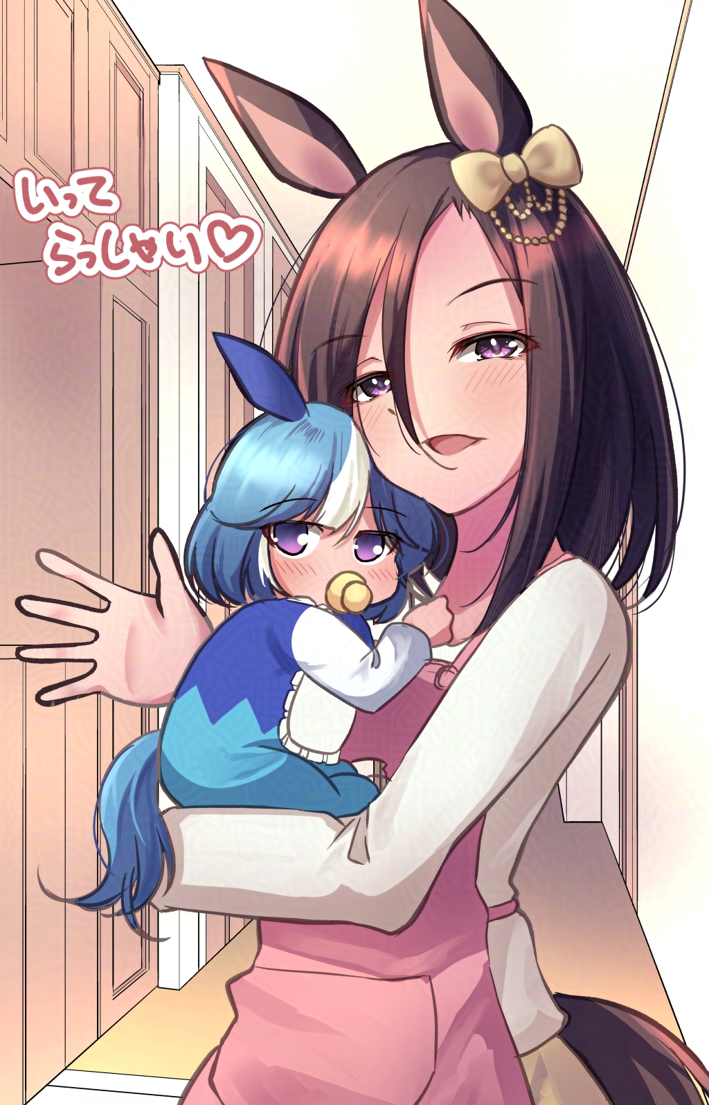 2girls, admire_groove_(umamusume), air_groove_(umamusume), alternate_costume, animal_ears, baby, blue_hair, brown_hair, carrying, carrying_baby, carrying_person, commentary_request, ear_covers, ear_ornament, highres, horse_ears, horse_girl, long_sleeves, looking_at_viewer, medium_hair, mother_and_child, mother_and_daughter, multicolored_hair, multiple_girls, pacifier, parent_and_child, purple_eyes, remao, translation_request, umamusume, umamusume_horse_relations, waving, white_hair