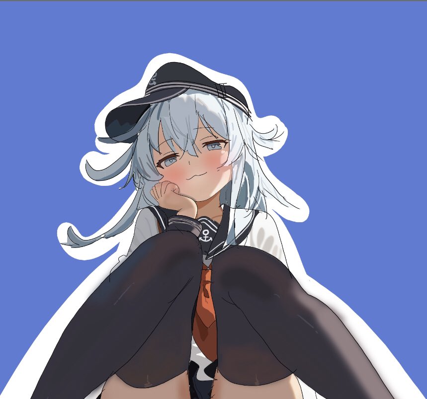 1girl, :3, black_sailor_collar, black_thighhighs, blue_background, blue_eyes, commentary_request, from_below, grey_hair, hand_on_own_face, hibiki_(kancolle), ise_ebi_to_hyuuga_natsu_mikan, kantai_collection, neckerchief, pleated_skirt, red_neckerchief, sailor_collar, sailor_shirt, school_uniform, serafuku, shirt, simple_background, sitting, skirt, solo, thighhighs, white_shirt