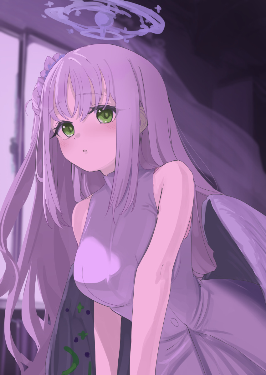 1girl, :o, absurdres, bare_arms, bare_shoulders, blue_archive, blurry, blurry_background