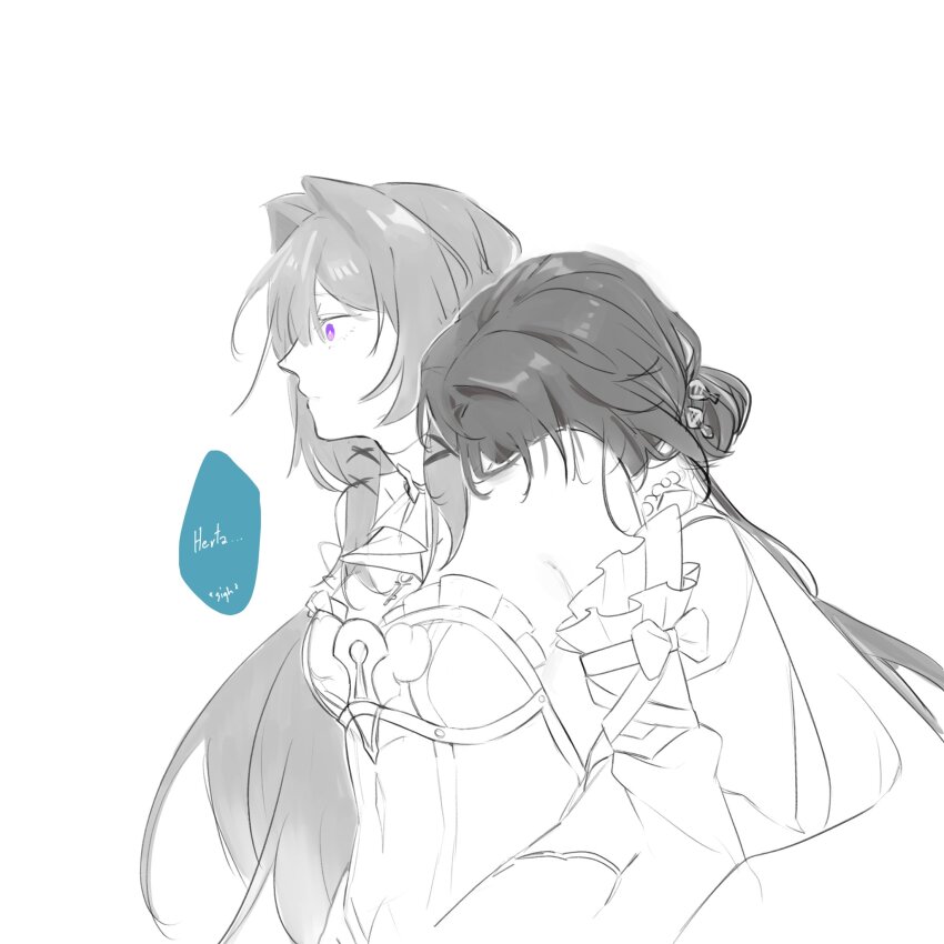 2girls, bare_shoulders, chewinggum_p, commentary, dress, english_commentary, greyscale, hair_intakes