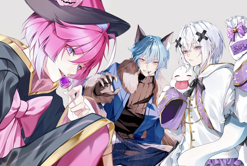 3boys, ahoge, animal_ears, blue_eyes, blue_hair, blue_jacket, bow, candy, claw_pose, commentary, fingernails, food, fur-trimmed_jacket, fur_trim, gradient_hair, grey_background, grin, hair_between_eyes, hair_ornament, hat, highres, holding, holding_candy, holding_food, holding_lollipop, jacket, lapis_(meteorites), lollipop, looking_at_viewer, male_focus, melt_(meteorites), meteorites_(stpr), mikasa_(meteorites), multicolored_hair, multiple_boys, parted_lips, pink_bow, pink_hair, purple_eyes, sharp_fingernails, short_hair, simple_background, sleeves_past_fingers, sleeves_past_wrists, smile, tongue, tongue_out, white_hair, white_jacket, white_nails, witch_hat, x_hair_ornament, ymayma_da