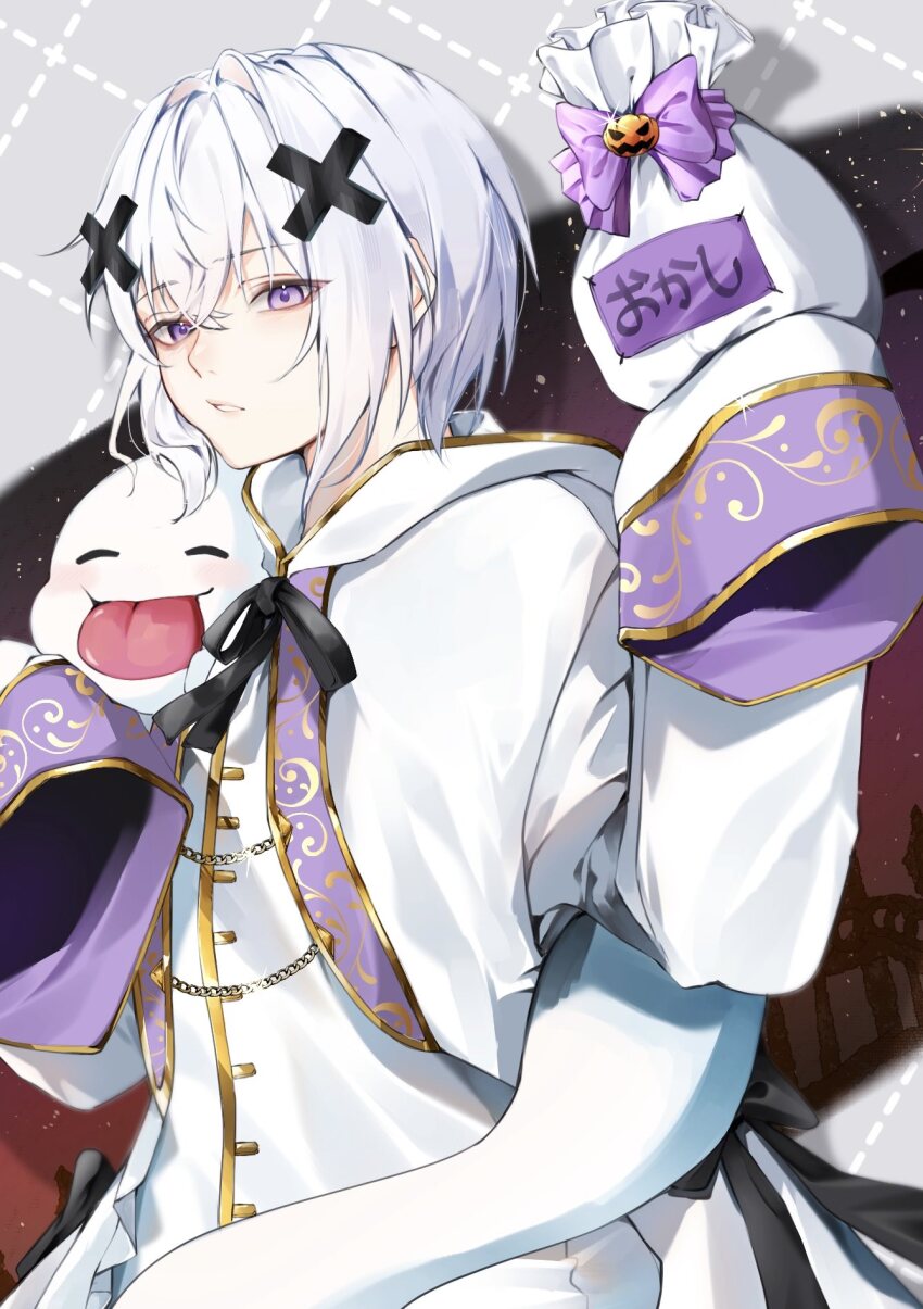 1boy, bag, commentary, hair_between_eyes, hair_ornament, hashtag-only_commentary, highres, holding