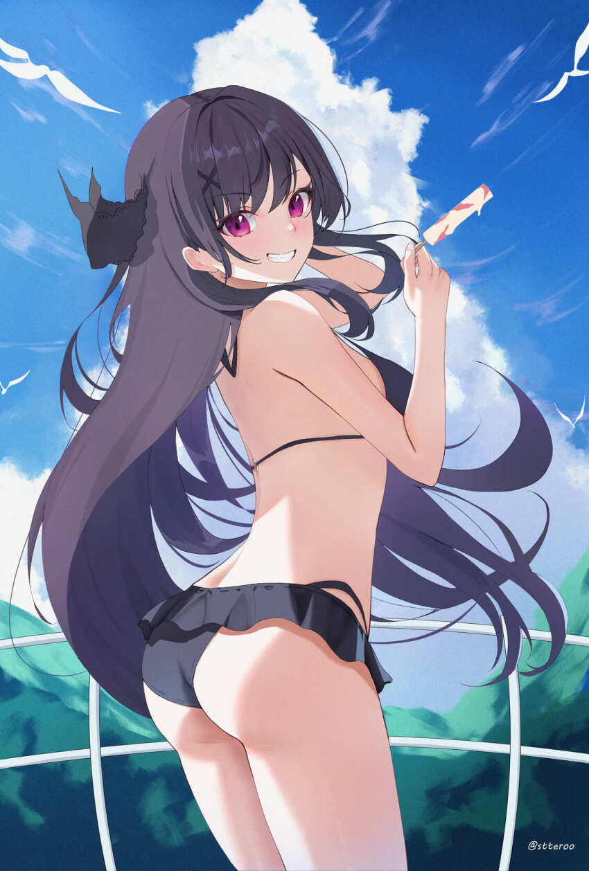 ao_no_kanata_no_four_rhythm, bikini, black_bikini, black_hair, black_ribbon, breasts, curvy, eyes_visible_through_hair