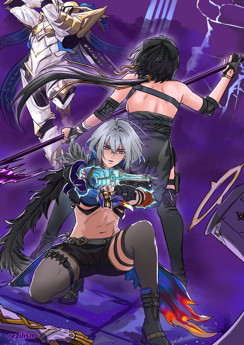 1other, 2girls, absurdres, artist_name, back, black_bow, black_dress, black_hair