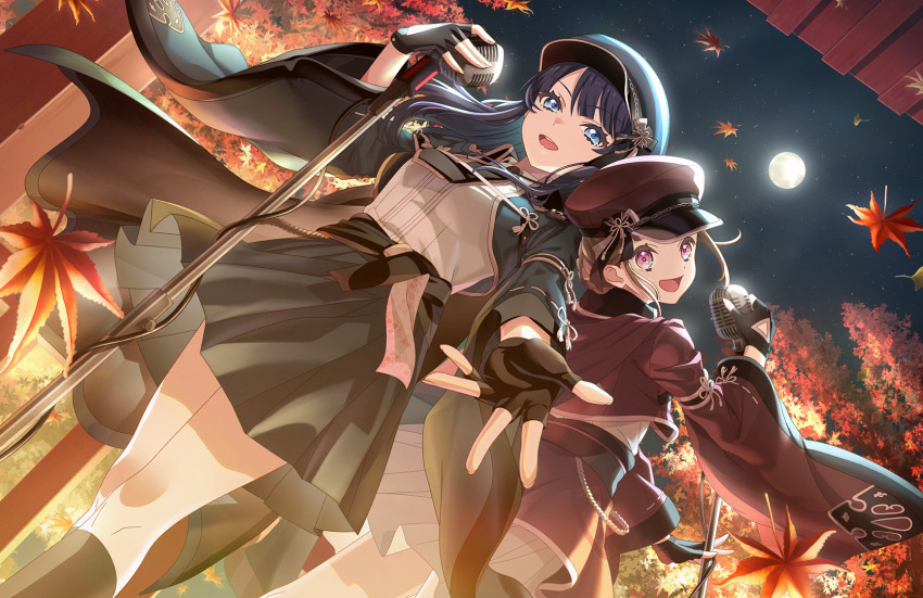 2girls, :d, autumn, autumn_leaves, black_gloves, black_hat, black_jacket, black_necktie, black_skirt, black_socks, blue_eyes, blue_hair, breasts, brown_hair, brown_jacket, collared_shirt, dollchestra, dress_shirt, dutch_angle, falling_leaves, feet_out_of_frame, fingerless_gloves, full_moon, game_cg, garand_flash_(love_live!), gloves, hat, highres, jacket, kachimachi_kosuzu, kneehighs, leaf, link!_like!_love_live!, long_hair, looking_at_viewer, love_live!, maple_leaf, medium_breasts, microphone, miniskirt, moon, multiple_girls, murano_sayaka, necktie, night, non-web_source, official_alternate_costume, official_art, open_clothes, open_jacket, open_mouth, pink_eyes, pleated_skirt, self-datamine, shirt, skirt, sky, smile, socks, star_(sky), starry_sky, vintage_microphone, virtual_youtuber, white_shirt, white_skirt, wide_sleeves