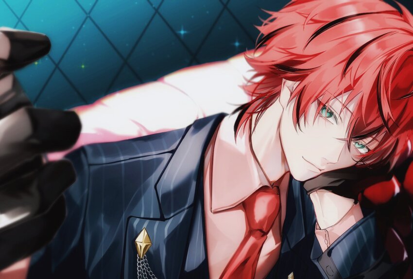 1boy, black_gloves, black_jacket, closed_mouth, gloves, green_eyes, hair_between_eyes, head_rest