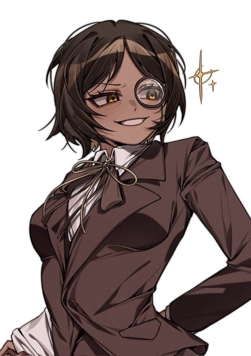 1girl, arm_behind_back, brown_hair, brown_jacket, grin, highres, jacket, lapels