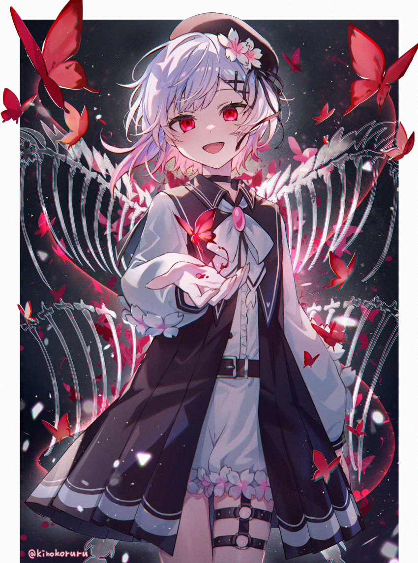 1girl, :d, beret, black_choker, black_dress, black_hat, border, brooch, bug, butterfly, choker, dress, dress_over_shirt, fang, flower, gradient_hair, hair_flower, hair_ornament, hat, highres, iku2727, insect, jewelry, looking_at_viewer, mahou_shoujo_no_majo_saiban, multicolored_hair, neck_ribbon, o-ring, o-ring_thigh_strap, open_mouth, pink_hair, red_butterfly, red_eyes, ribbon, sakuraba_ema, shirt, short_hair, skeletal_wings, smile, solo, spoilers, thigh_strap, twitter_username, upper_body, white_border, white_flower, white_hair, white_ribbon, white_shirt, wings, witch_(manosaba), x_hair_ornament