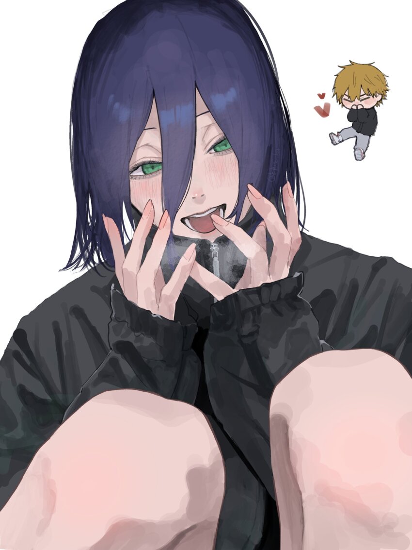 1boy, 1girl, black_jacket, blush, breath, chainsaw_man, chibi, denji_(chainsaw_man)