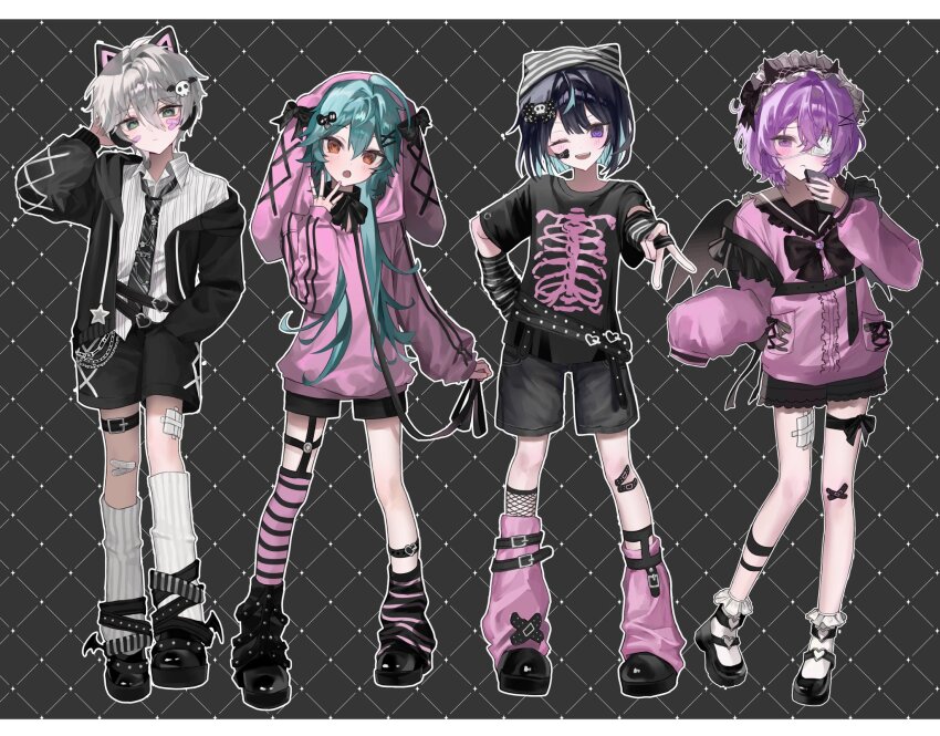 4boys, :<, :d, ahoge, animal_ear_headphones, animal_ear_headwear, animal_ears, aqua_hair, arm_warmers, asymmetrical_legwear, bandaid, bandaid_on_cheek, bandaid_on_face, bandaid_on_knee, bandaid_on_leg, belt, black_boots, black_bow, black_hair, black_necktie, black_sailor_collar, black_shoes, black_shorts, blue_hair, blush, boots, bow, center_frills, collared_shirt, colored_inner_hair, commentary, crossed_bangs, ensemble_stars!, eyelashes, eyepatch, fake_animal_ears, frills, full_body, gauze_on_thigh, green_eyes, hair_between_eyes, hair_ornament, hairclip, hanamura_fuyume, hand_on_own_head, hand_up, hashtag-only_commentary, hat, headdress, headphones, highres, hojo_raika, holding, holding_phone, jewelry, jirai_kei, kneehighs, leg_warmers, long_hair, long_sleeves, male_focus, mary_janes, medical_eyepatch, multicolored_hair, multiple_boys, multiple_rings, natsu_kanna, necktie, one_eye_closed, open_mouth, phone, purple_eyes, purple_hair, purple_sweater, red_eyes, ribbon, ring, s2eoyu_ul, sagiri_esu, sailor_collar, shirt, shoes, short_hair, short_shorts, shorts, single_fishnet_legwear, smile, socks, special_for_princess!_(ensemble_stars!), striped_leg_warmers, sweater, thigh_strap, trap, v, wallet_chain, white_hair, white_socks