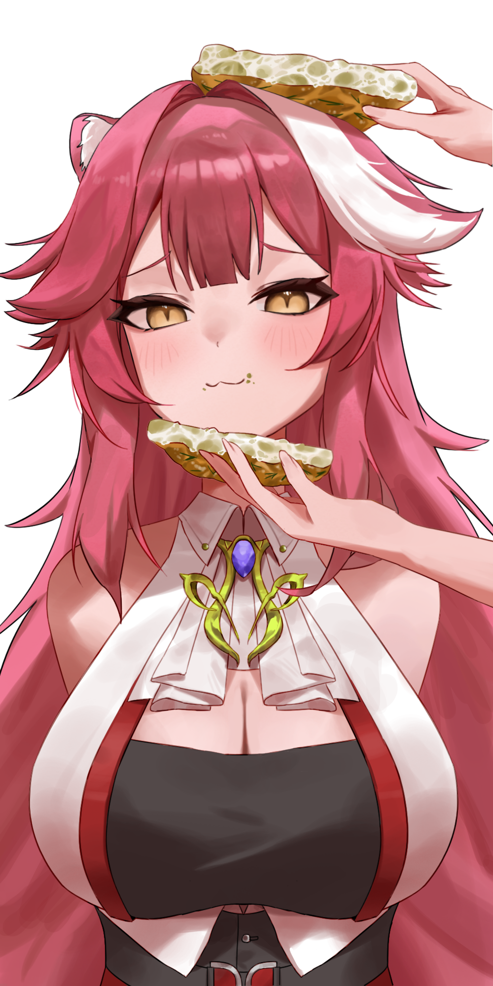 1girl, :3, animal_ears, arms_behind_back, bare_shoulders, blue_gem, blush, bread, breasts, cleavage, closed_mouth, collarbone, collared_shirt, commentary, crumbs, focaccia, food, gem, hair_intakes, highres, hololive, hololive_english, large_breasts, long_hair, multicolored_hair, panther_ears, panther_girl, pink_hair, raora_panthera, raora_panthera_(1st_costume), ravennvi, shirt, simple_background, smile, solo_focus, streaked_hair, virtual_youtuber, white_background, white_shirt, yellow_eyes