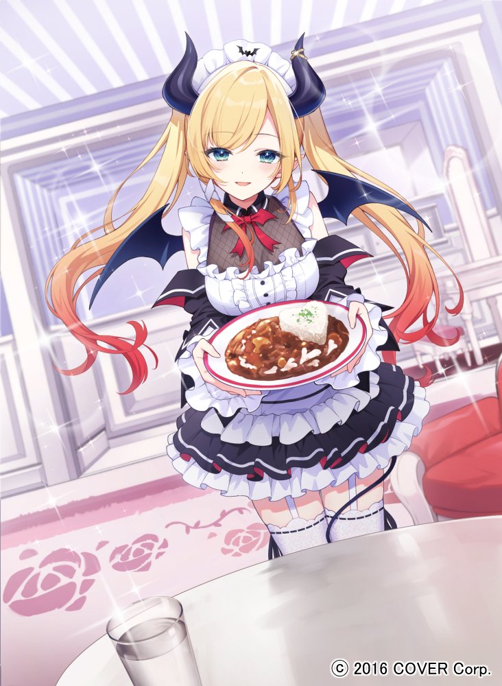 1girl, :d, apron, asymmetrical_sidelocks, black_horns, black_skirt, blonde_hair, blurry, blurry_background, bow, bowtie, breasts, center_frills, chatsubaki, commentary_request, curry, curry_rice, demon_girl, demon_horns, demon_tail, demon_wings, detached_sleeves, fishnet_top, fishnets, food, frilled_apron, frilled_shirt, frilled_skirt, frilled_sleeves, frills, garter_straps, gradient_hair, hair_ribbon, holding, holding_plate, hololive, horn_ornament, horn_ring, horns, indoors, large_breasts, long_hair, long_sleeves, looking_at_viewer, maid, maid_headdress, miniskirt, multicolored_hair, official_alternate_costume, official_alternate_hairstyle, official_art, open_mouth, pink_hair, plate, pointy_ears, red_bow, red_bowtie, ribbon, rice, shirt, sidelocks, skirt, sleeveless, sleeveless_shirt, smile, solo, swept_bangs, tail, thighhighs, tress_ribbon, twintails, very_long_hair, virtual_youtuber, waist_apron, white_apron, white_garter_straps, white_shirt, white_thighhighs, wings, yuzuki_choco, yuzuki_choco_(maid)