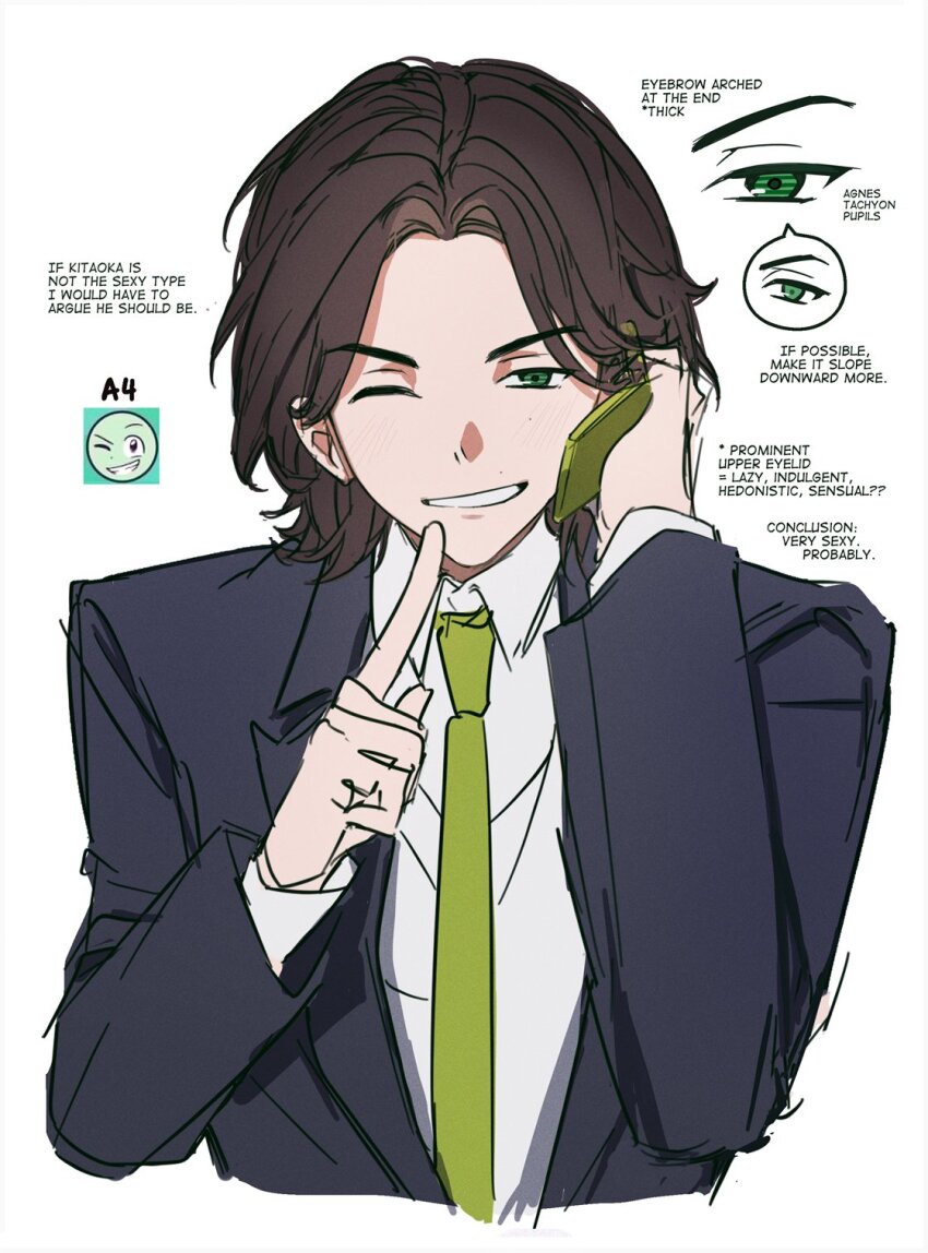 1boy, blazer, brown_hair, cellphone, clenched_teeth, collared_shirt, english_text, finger_to_mouth