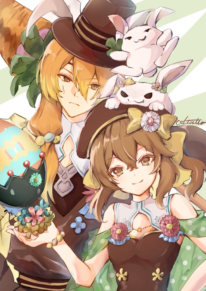 1boy, 1girl, animal_ears, atoatto, bare_shoulders, breasts, brown_eyes, brown_hair