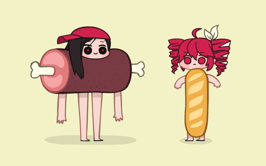 2girls, baguette, barefoot, baseball_cap, black_eyes, boned_meat, bread, brown_hair
