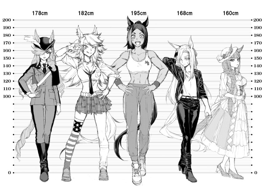 5girls, ;p, absurdres, animal_ears, asymmetrical_legwear, bare_shoulders, belt, boots, commentary_request, crop_top, dark-skinned_female, dark_skin, dress, ellerslie_pride_(umamusume), gradient_hair, greyscale, hat, height_chart, high_heel_boots, high_heels, highres, horse_ears, horse_girl, horse_tail, jacket, knee_boots, kuzumi_taiyou, leather, leather_jacket, long_dress, long_hair, loose_necktie, michelle_my_baby_(umamusume), military_uniform, miniskirt, mismatched_legwear, monochrome, moonlight_lunacy_(umamusume), multicolored_hair, multiple_girls, necktie, obey_your_master_(umamusume), one_eye_closed, pants, plaid_clothes, plaid_skirt, pleated_skirt, single_thighhigh, skirt, tail, tank_top, thighhighs, tongue, tongue_out, toni_bianca_(umamusume), track_pants, umamusume, umamusume:_cinderella_gray, v