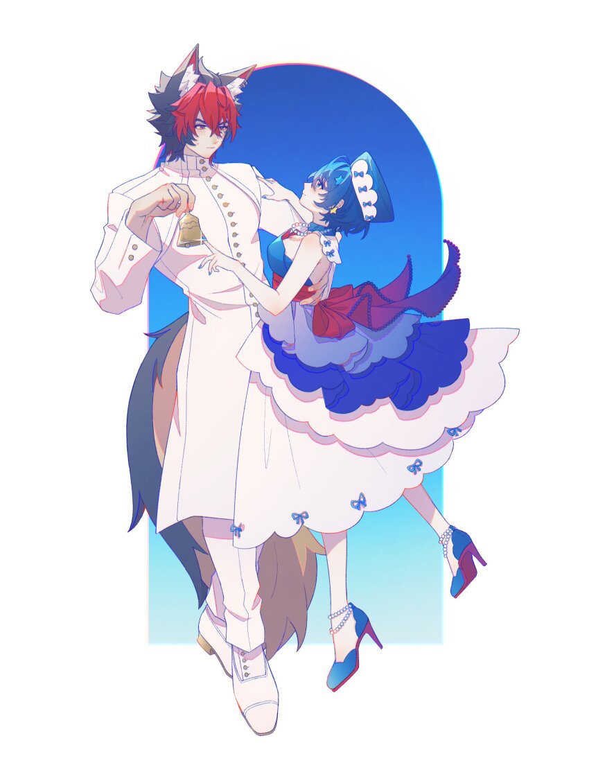 1boy, 1girl, alternate_costume, animal_ear_fluff, animal_ears, back, bare_shoulders, bell, belle_(zenless_zone_zero), black_hair, blue_eyes, blue_hair, blue_nails, blue_shoes, border, breasts, brown_tail, cleavage, closed_mouth, commentary, commentary_request, crossed_bangs, dog_boy, dog_ears, dog_tail, dress, earrings, english_commentary, eye_contact, formal_clothes, from_side, full_body, hair_between_eyes, hair_ornament, hand_on_another's_arm, hand_on_another's_back, hetero, highres, holding, holding_bell, hydrangea_salty, jewelry, komano_manato, looking_at_another, medium_breasts, mixed-language_commentary, multicolored_dress, multicolored_hair, muscular, muscular_male, necklace, pants, pearl_anklet, pearl_necklace, red_eyes, red_hair, round_border, scar, scar_across_eye, scar_on_face, shoes, short_hair, sparkle, star_(symbol), star_earrings, star_hair_ornament, strapless, strapless_dress, suit, sweatdrop, tail, v-shaped_eyebrows, white_background, white_pants, white_shoes, white_suit, zenless_zone_zero