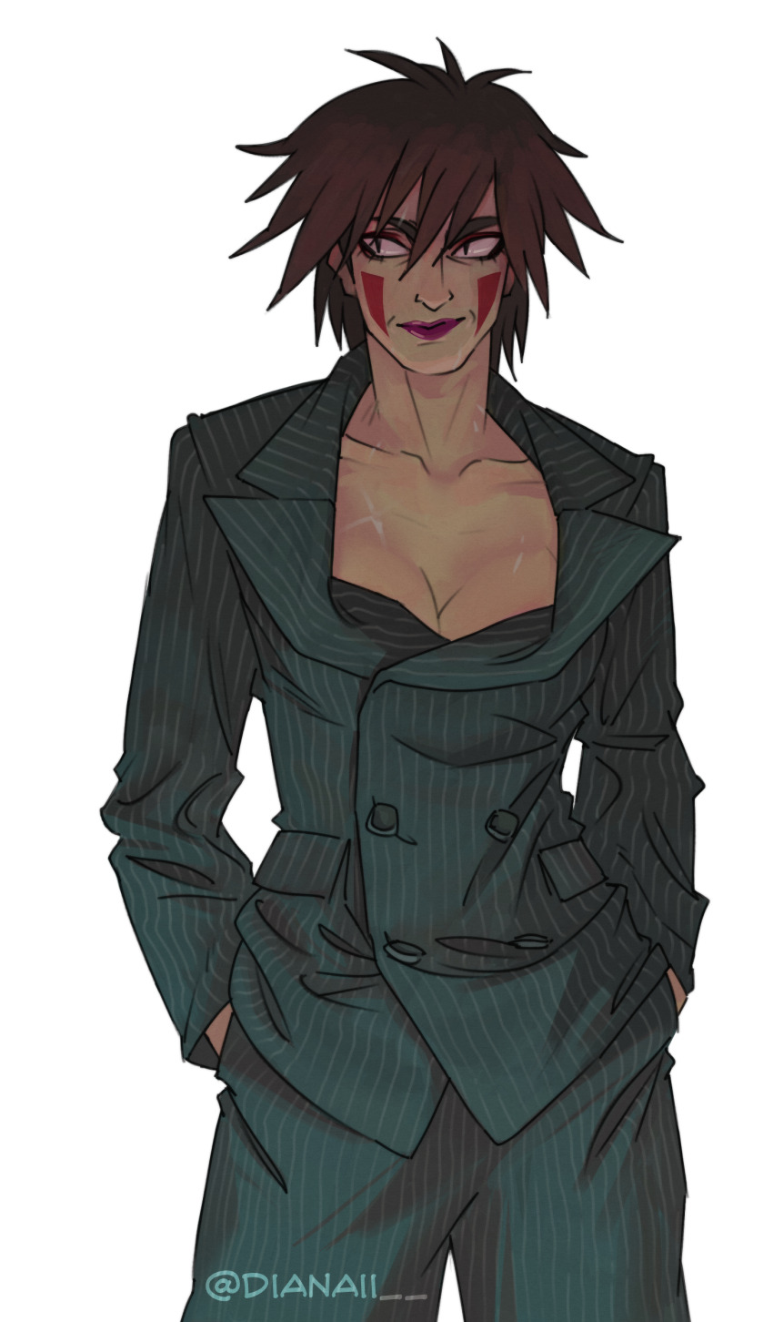 1girl, absurdres, breasts, brown_hair, cleavage, cropped_legs, diana_ii, eyeliner, hands_in_pockets, highres, inuzuka_tsume, makeup, mature_female, medium_breasts, naruto_(classic), naruto_(series), pants, pinstripe_jacket, pinstripe_pants, pinstripe_pattern, purple_eyeliner, purple_lips, scar, sideways_glance, simple_background, solo, white_background