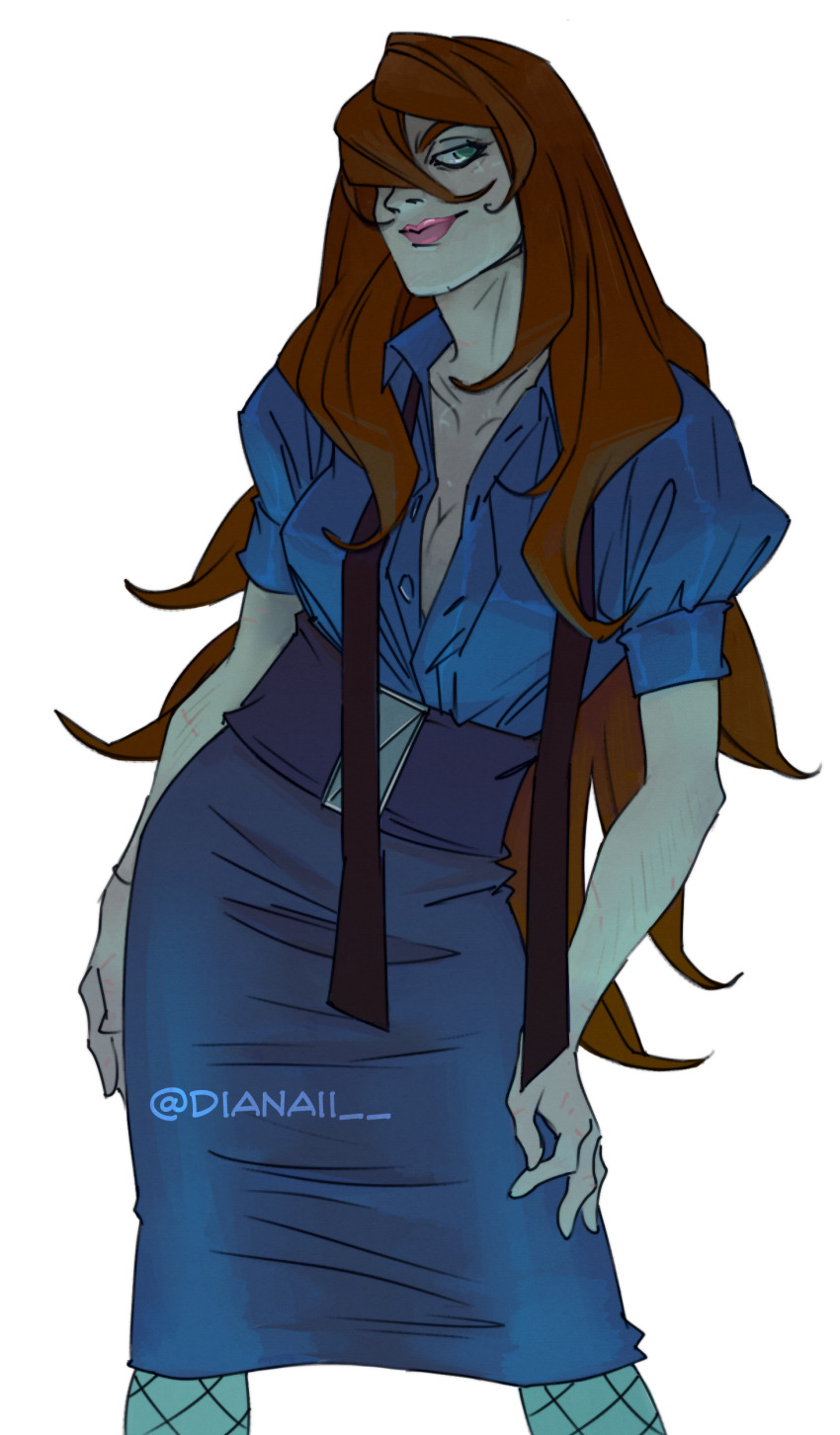 1girl, absurdres, blue_shirt, blue_skirt, breasts, brown_hair, cropped_legs, diana_ii, green_eyes, hair_over_one_eye, high-waist_skirt, highres, long_hair, medium_breasts, naruto_(series), naruto_shippuuden, partially_unbuttoned, pink_lips, shirt, simple_background, skirt, smile, solo, standing, terumi_mei, very_long_hair, white_background