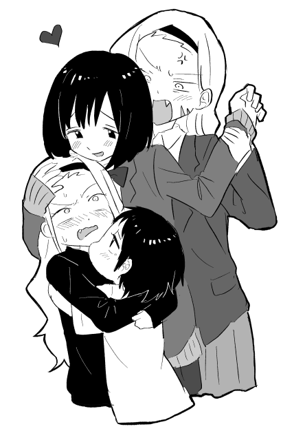 4girls, age_difference, aged_up, anger_vein, blazer, blush, cropped_legs, d:, dual_persona, facial_scar, fang, forehead, greyscale, hairband, hand_on_another's_head, heart, holding_another's_wrist, hug, jacket, kirarazaka_marina, kuze_shizuka, long_hair, long_sleeves, monochrome, multiple_girls, onee-loli, open_mouth, pottode, scar, scar_on_cheek, scar_on_face, school_uniform, shirt, short_hair, smile, takopii_no_genzai, time_paradox, v-shaped_eyebrows, wavy_mouth, yuri