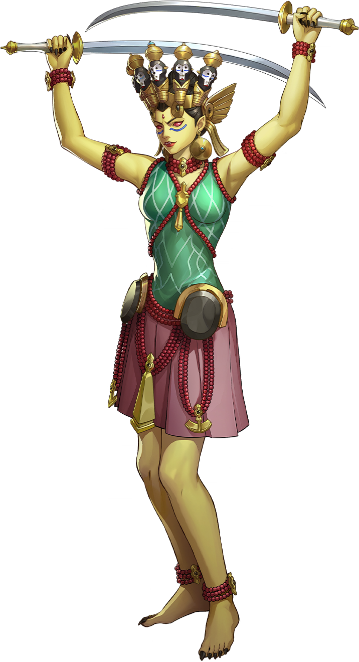 1girl, anklet, artist_request, bead_anklet, bead_armlet, bead_bracelet, bead_necklace, beads, black_claws, black_hair, bracelet, breasts, colored_skin, dakini_(megami_tensei), demon_(megami_tensei), dual_wielding, earrings, forehead_jewel, highres, holding, holding_sword, holding_weapon, jewelry, necklace, official_art, persona, persona_5, persona_5:_the_phantom_x, red_eyes, red_skirt, shin_megami_tensei, skirt, solo, sword, third-party_source, transparent_background, weapon, yellow_skin