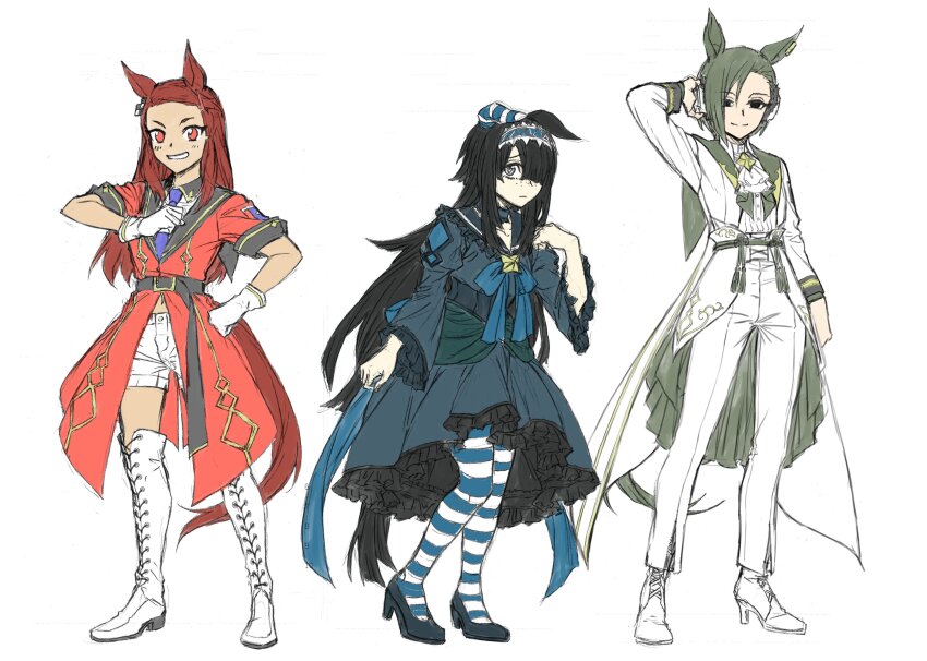 3girls, absurdres, ascot, black_eyes, black_hair, boots, brown_hair, dress, formal_clothes, frilled_dress, frills, full_body, gloves, god_hannibal_(umamusume), gothic_lolita, green_hair, hair_ornament, hair_over_one_eye, hairband, hairclip, high_heel_boots, high_heels, highres, kraft_univa_(umamusume), kuzumi_taiyou, lolita_fashion, long_hair, long_sleeves, meikun_tsukasa_(umamusume), multiple_girls, necktie, pants, pantyhose, short_hair, short_sleeves, shorts, striped_clothes, striped_pantyhose, suit, thigh_boots, umamusume, umamusume:_cinderella_gray, white_ascot, white_background, white_gloves, white_pants, white_shorts, white_suit, wide_sleeves