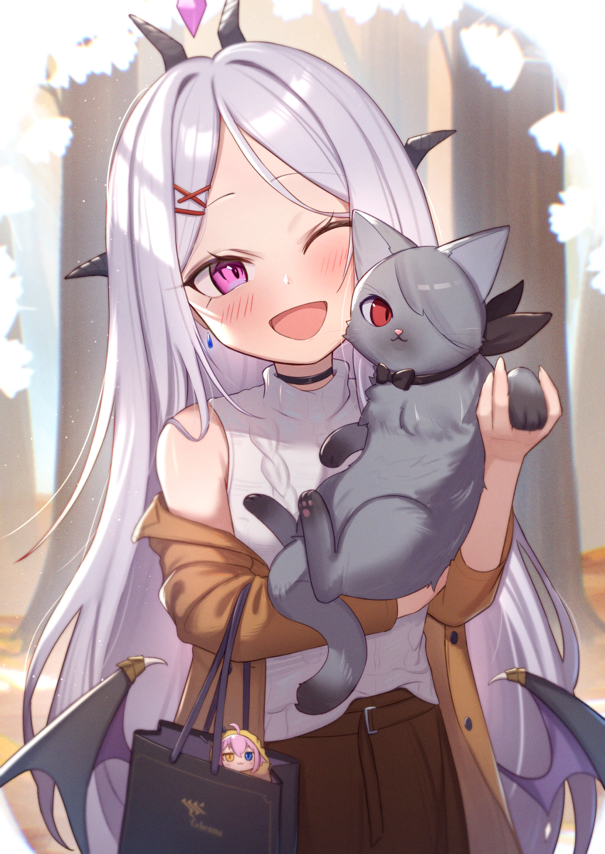 1girl, ;d, alternate_costume, animal, animalization, black_bag, black_horns, blue_archive