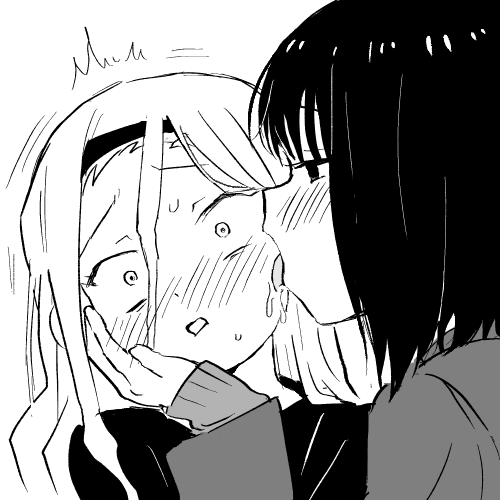 2girls, ^^^, age_difference, aged_up, blazer, blush, from_side, hair_between_eyes, hairband, hand_on_another's_cheek, hand_on_another's_face, jacket, kirarazaka_marina, kuze_shizuka, licking, licking_another's_cheek, licking_another's_face, long_hair, lowres, multiple_girls, onee-loli, portrait, pottode, profile, saliva, school_uniform, shirt, short_hair, sweat, sweater, takopii_no_genzai, time_paradox, tongue, tongue_out, yuri