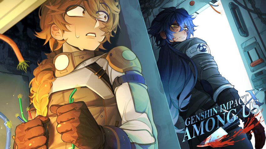 2boys, absurdres, aether_(genshin_impact), among_us, bags_under_eyes, black_gloves, blonde_hair, blood