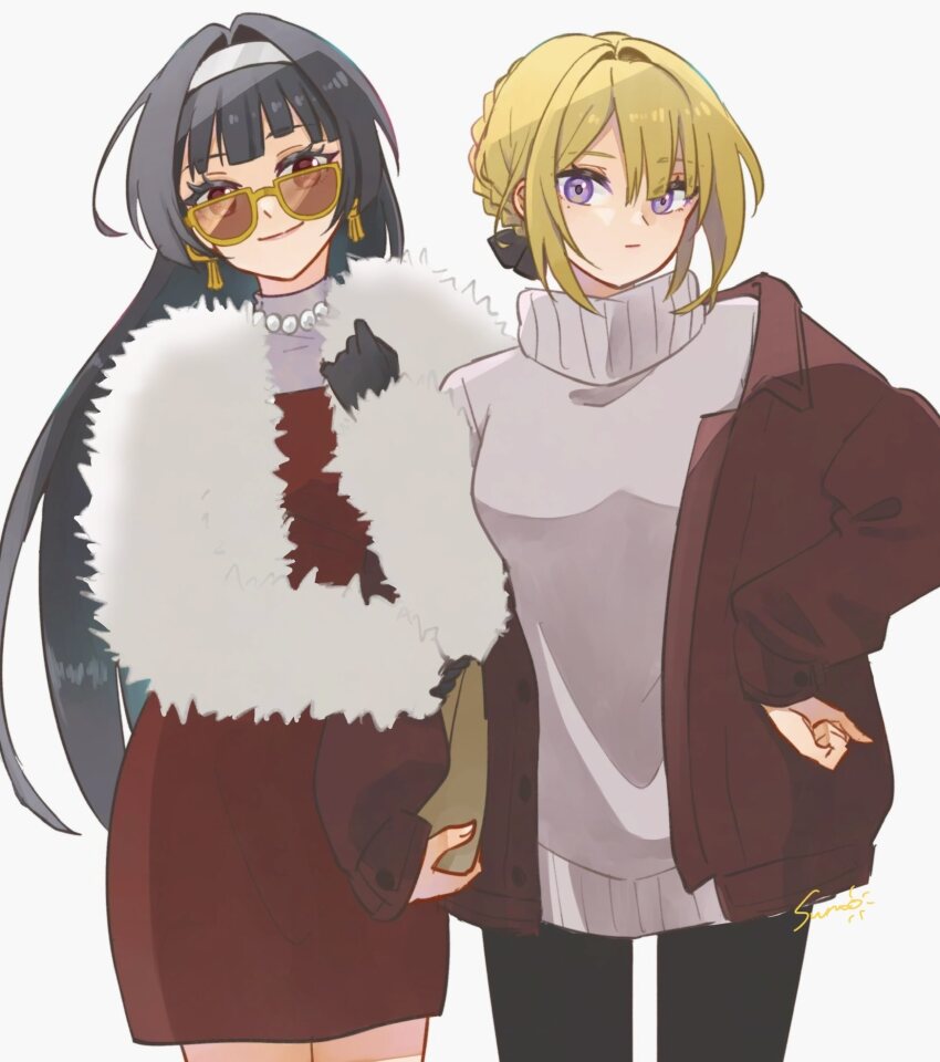 2girls, alternate_costume, artist_name, astra_yao, black_gloves, black_hair, black_pants, blonde_hair