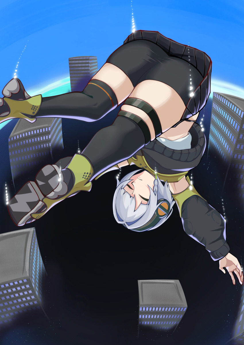 1girl, absurdres, anby_demara, ass, bike_shorts, black_shorts, black_skirt, black_thighhighs, closed_eyes, commentary_request, grey_hair, gulacossa_222, highres, long_sleeves, midriff, miniskirt, partial_commentary, shoes, short_hair, short_shorts, shorts, shorts_under_skirt, skirt, solo, thigh_strap, thighhighs, thighs, zenless_zone_zero