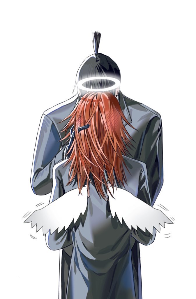 0123jjji, 2boys, angel_devil_(chainsaw_man), angel_wings, black_gloves, black_hair, blush, chainsaw_man