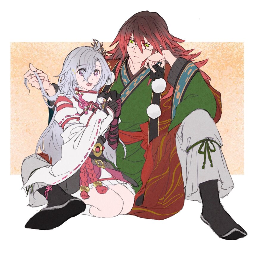 1boy, 1girl, brown_hair, closed_mouth, glasses, gradient_hair, green_eyes, hair_branch, highres, japanese_clothes, kaguya_(rune_factory), kkkhet_calhack, kurama_(rune_factory), multicolored_hair, red_hair, rune_factory, rune_factory:_guardians_of_azuma