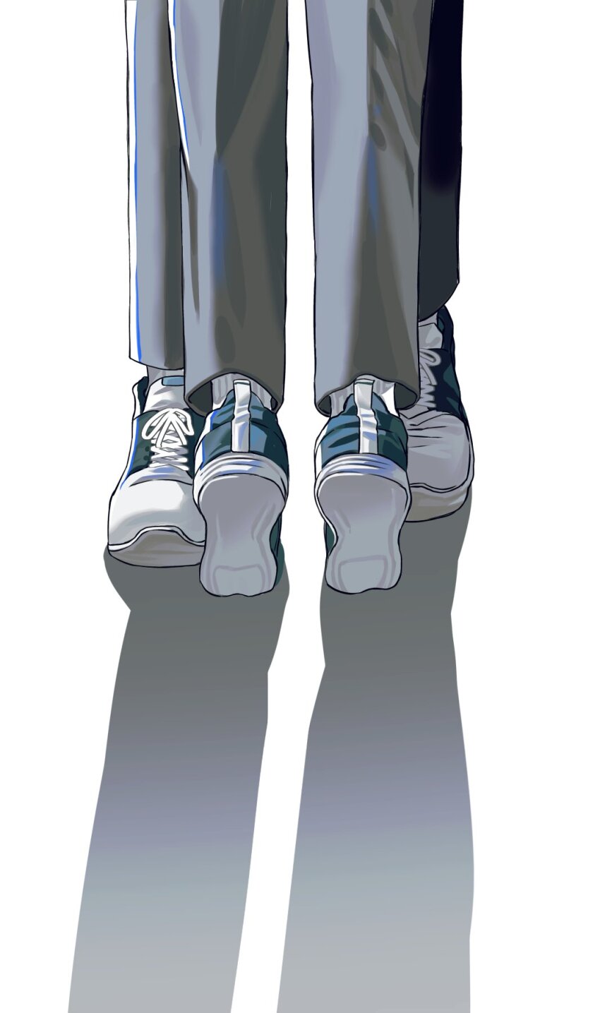 0123jjji, 2boys, angel_devil_(chainsaw_man), chainsaw_man, hayakawa_aki, height_difference, highres, invisible_floor, lower_body, male_focus, multiple_boys, pants, shadow, shoes, simple_background, socks, standing, tiptoes, white_background, white_socks, yaoi
