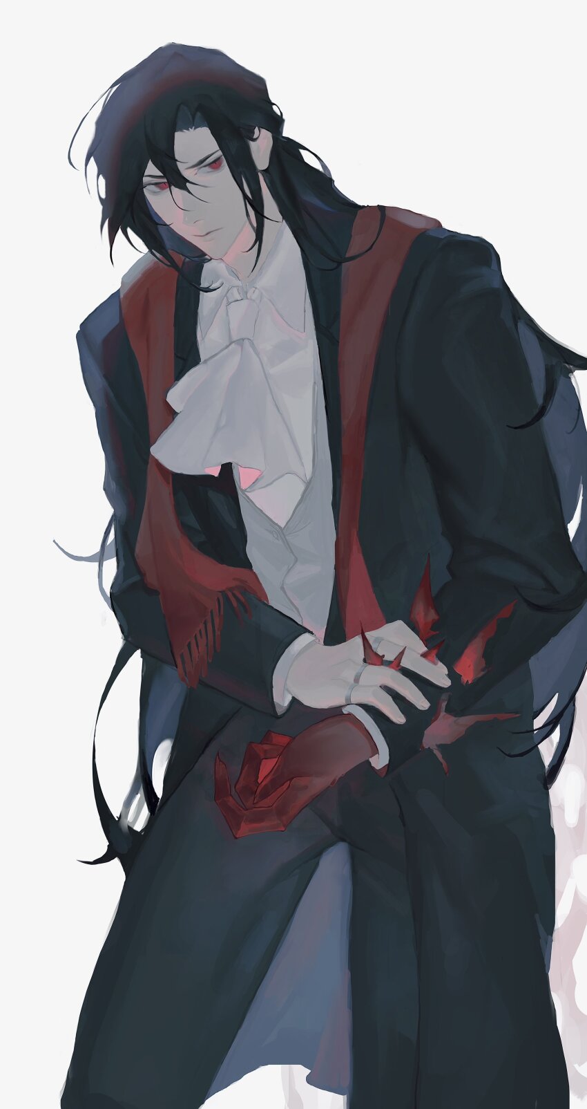 1boy, absurdres, black_coat, black_hair, carda_momd, coat, collared_shirt, colored_extremities