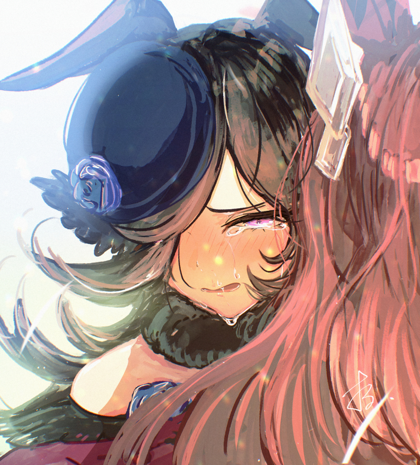 2girls, animal_ears, black_hair, blue_flower, blue_hat, blue_rose, blush, brown_hair