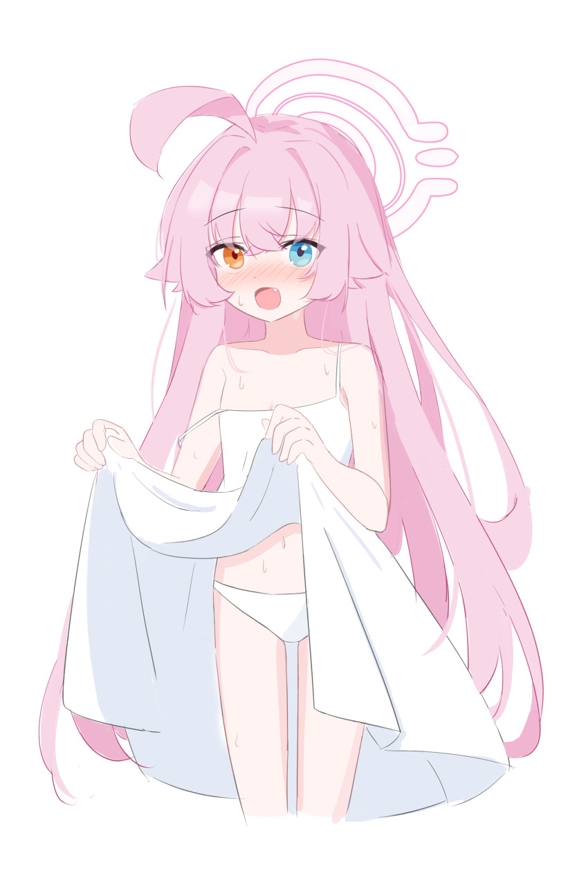 1girl, absurdres, ahoge, alternate_costume, bare_shoulders, blue_archive, blue_eyes, blush, breasts, cleavage, clothes_lift, collarbone, commentary_request, cowboy_shot, cropped_legs, crossed_bangs, dot_nose, dress, dress_lift, embarrassed, fang, full-face_blush, hair_between_eyes, hair_flaps, halo, hands_up, heterochromia, highres, hoshino_(blue_archive), huge_ahoge, lifting_own_clothes, lmg7811, loli, long_hair, looking_at_viewer, navel, open_mouth, orange_eyes, panties, pink_hair, pink_halo, sidelocks, simple_background, solo, spaghetti_strap, stomach, strap_slip, sundress, sweat, thighs, underwear, very_long_hair, white_background, white_dress, white_panties