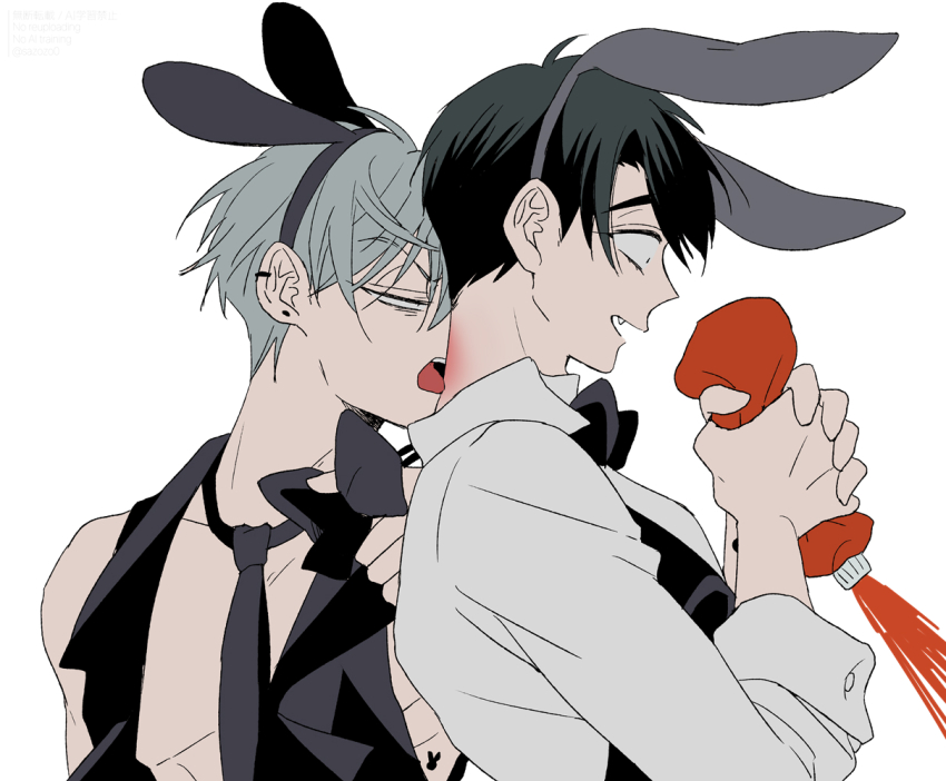 2boys, alien_stage, animal_ear_hairband, animal_ears, black_bow, black_bowtie, black_hair, black_necktie