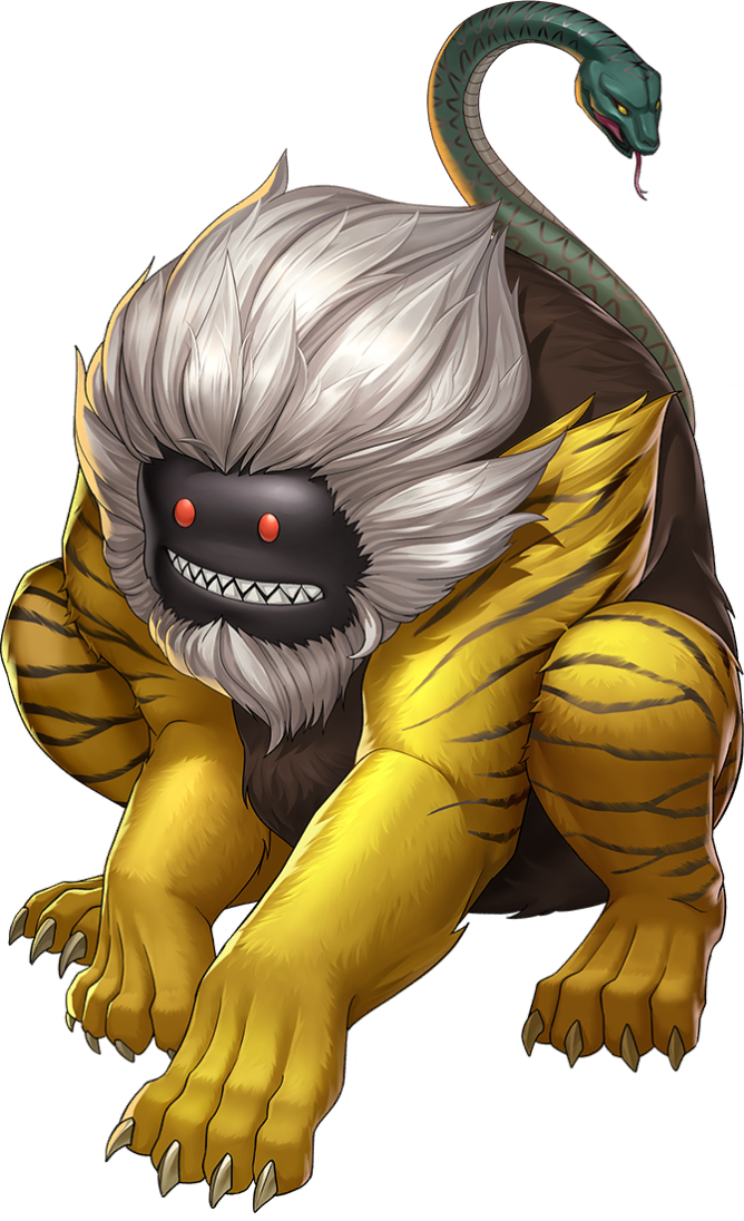 artist_request, black_skin, brown_fur, colored_skin, demon_(megami_tensei), forked_tongue, multicolored_fur, no_humans