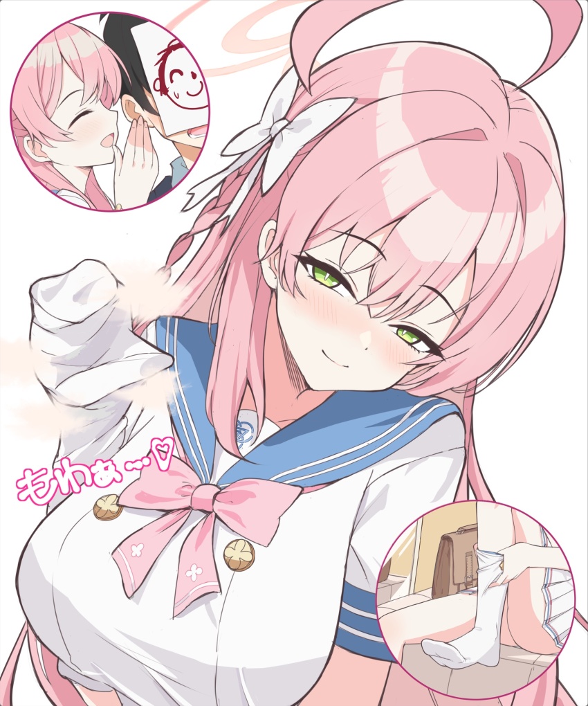 1boy, 1girl, :d, ^_^, ahoge, blue_archive, blue_sailor_collar, bow