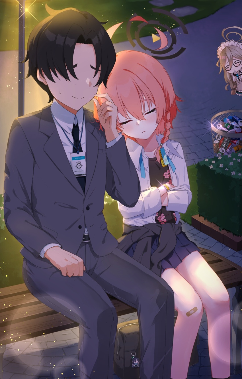 1boy, 2girls, ^_^, ahoge, akane_(blue_archive), apron, aris_(blue_archive), backlighting