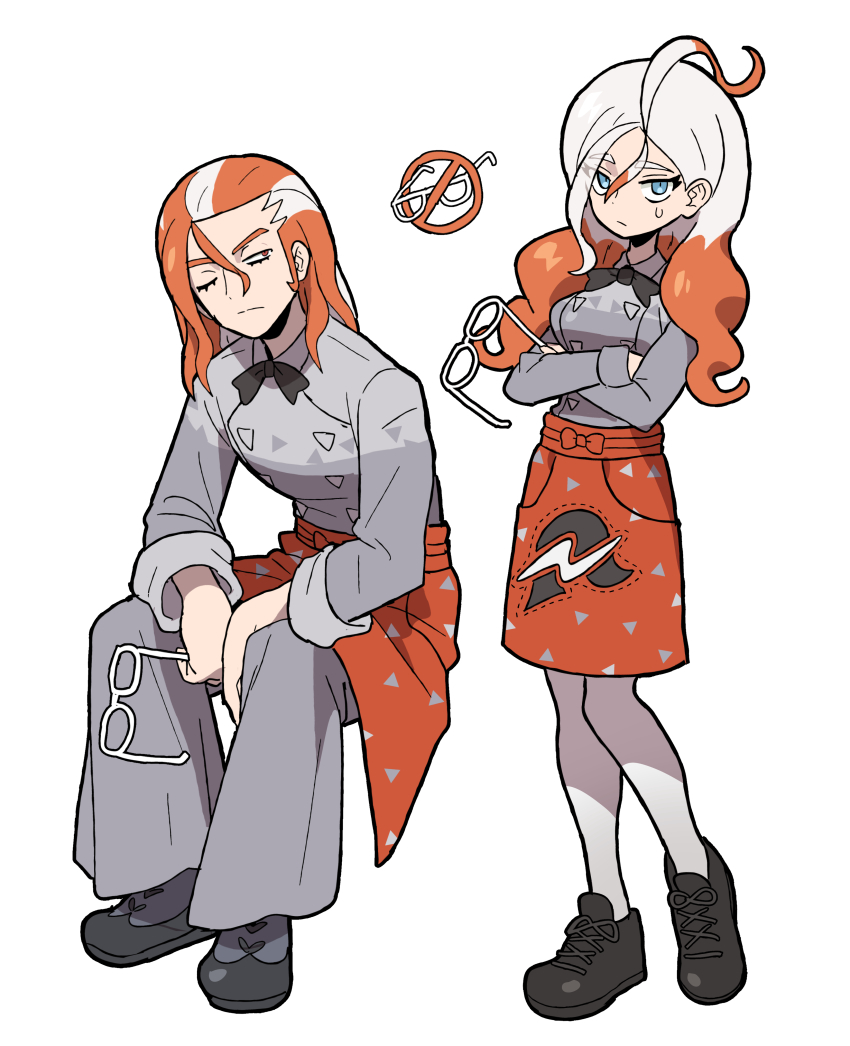 1boy, 1girl, absurdres, apron, black_shoes, blue_eyes, crossed_arms, frown