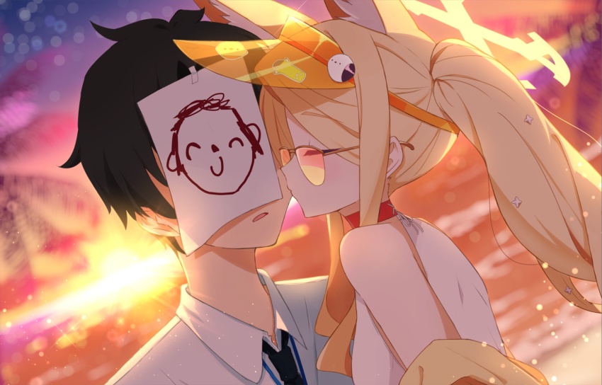 1boy, 1girl, animal_ear_fluff, animal_ears, backlighting, bare_shoulders, black_hair, black_necktie, blonde_hair, blue_archive, blurry, blurry_background, blush, choker, closed_eyes, closed_mouth, collared_shirt, commentary_request, cross_halo, doodle_sensei_(blue_archive), dress_shirt, dutch_angle, extra_ears, fox_ears, fox_girl, glint, halo, hetero, highres, holy-san_(makuu), kiss, kissing_cheek, light_particles, long_hair, necktie, ocean, official_alternate_costume, official_alternate_hairstyle, one-piece_swimsuit, open_mouth, outdoors, paper_on_head, ponytail, profile, puckered_lips, red_choker, seia_(blue_archive), seia_(swimsuit)_(blue_archive), sensei_(blue_archive), shirt, short_hair, sidelocks, sparkle, story_in_commentary, sun, sunglasses, sunset, swimsuit, upper_body, visor_cap, wavy_ends, white_one-piece_swimsuit, white_shirt, yellow_halo