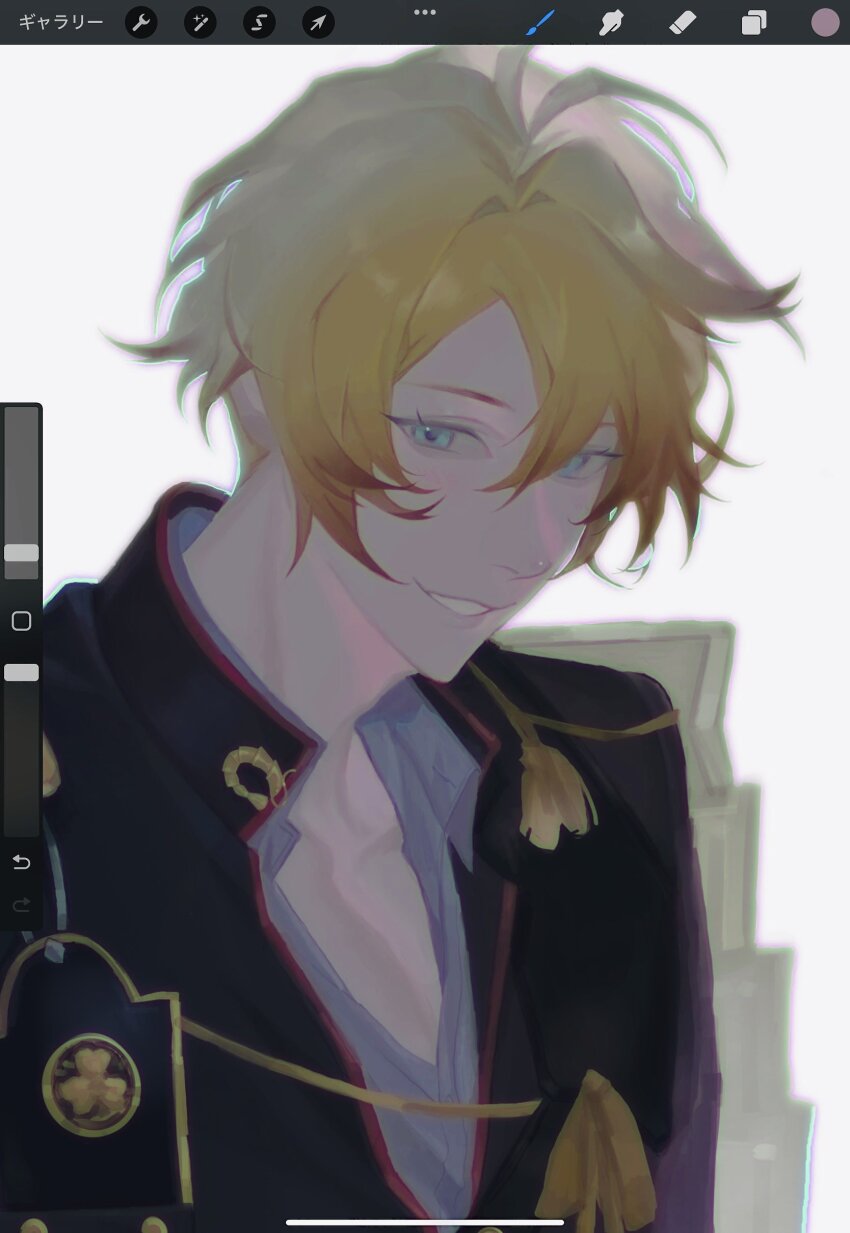 1boy, :d, absurdres, ahoge, art_program_in_frame, black_jacket, blonde_hair, blue_eyes