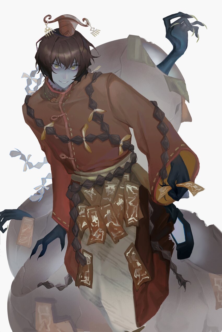 1boy, :d, absurdres, black_gloves, brown_hair, carda_momd, double-parted_bangs, empty_eyes