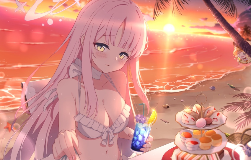 2girls, animal_ear_fluff, animal_ears, armpit_crease, backlighting, beach, bikini, blonde_hair