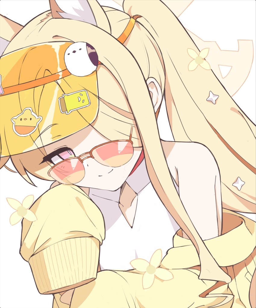 1girl, above-cleavage_cutout, animal_ear_fluff, animal_ears, bare_shoulders, blonde_hair, blue_archive, bright_pupils