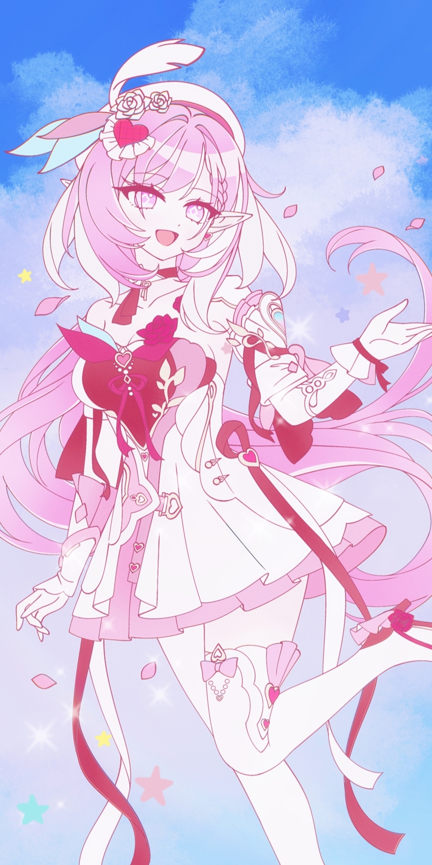 1girl, absurdres, beret, blue_sky, breasts, chinese_commentary, chunbaixing_yui, cleavage, commentary_request, diamond-shaped_pupils, diamond_(shape), dress, elf, elysia_(hi_love_elf)_(honkai_impact), elysia_(honkai_impact), hat, highres, honkai_(series), honkai_impact_3rd, long_hair, looking_at_viewer, medium_breasts, open_mouth, pink_hair, pointy_ears, purple_eyes, red_dress, sky, smile, solo, symbol-shaped_pupils, thighhighs, very_long_hair, white_dress, white_thighhighs