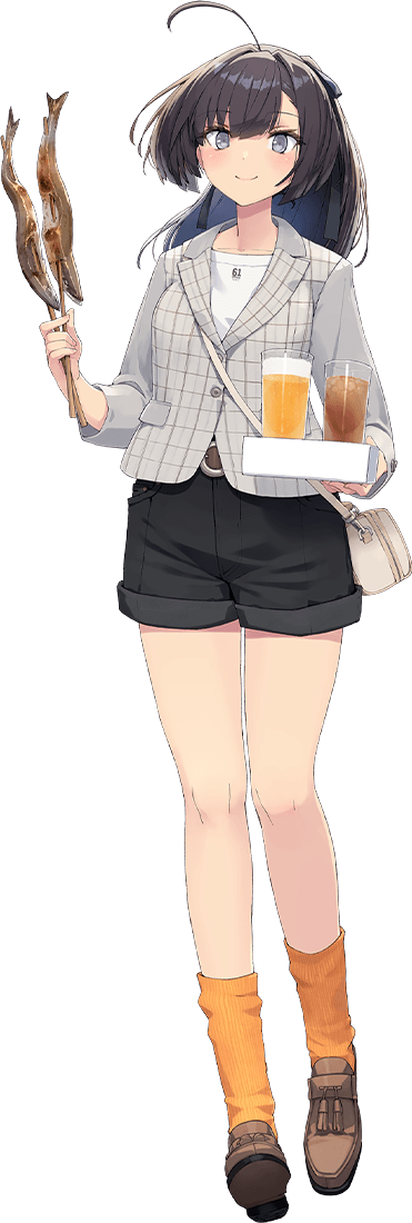 1girl, ahoge, akizuki_(kancolle), akizuki_(saury_festival)_(kancolle), bag, black_hair, drink, fish, grey_eyes, kantai_collection, looking_at_viewer, orange_socks, shizuma_yoshinori, shoes, short_hair, socks, transparent_background